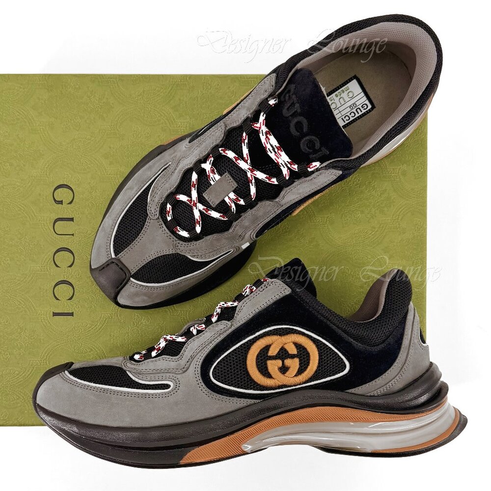 NEW GUCCI Run Interlocking G Men's Black Grey Suede Logo Sneakers G 9.5 / US 10